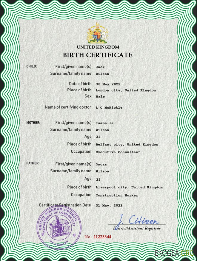 Modèle PSD de certificat de naissance du Royaume Uni